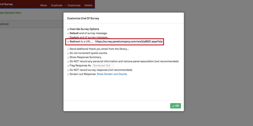 image of the quality check link in the redirect to url field