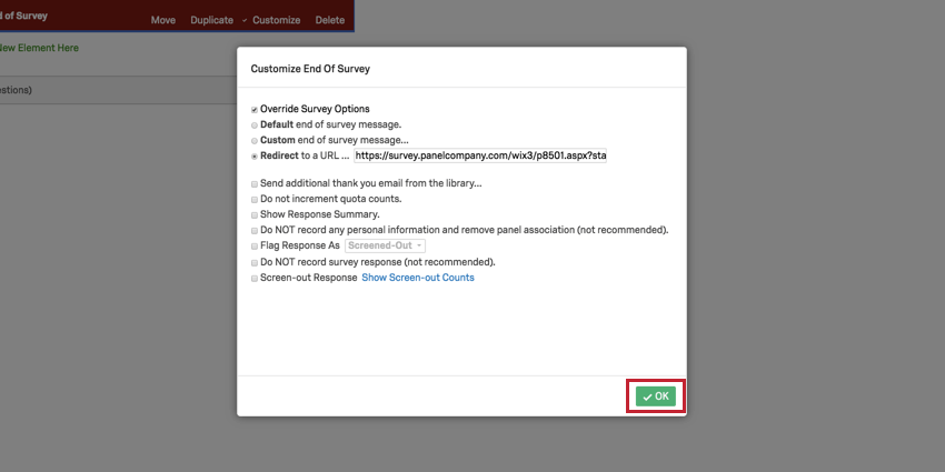 image showing the OK button highlighted in the customize end of survey screen