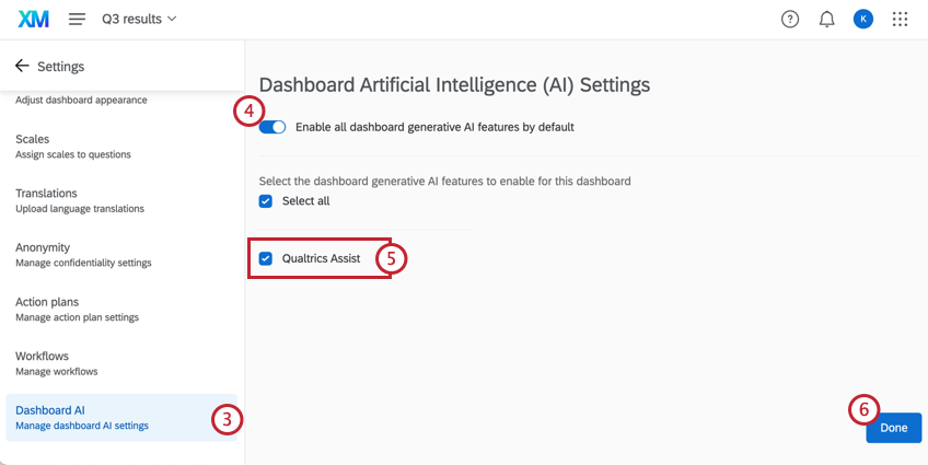 Paramètres IA du tableau de bord, loption Qualtrics Assist est en surbrillance