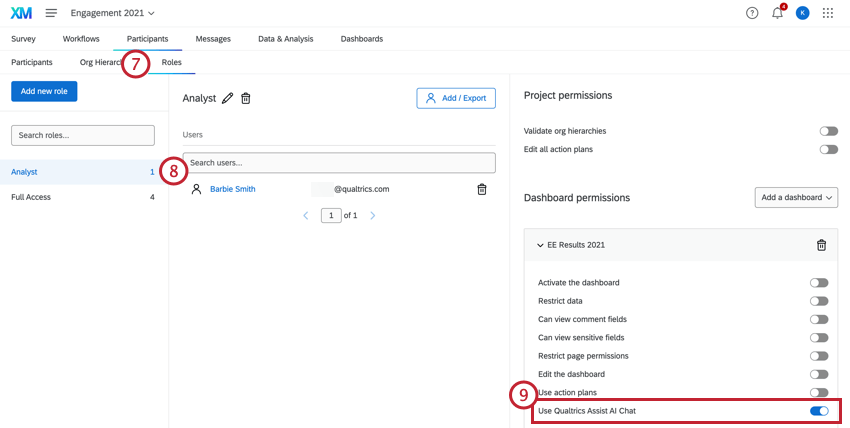 Permisos de roles, el permiso Usar el Asistente de Qualtrics está habilitado