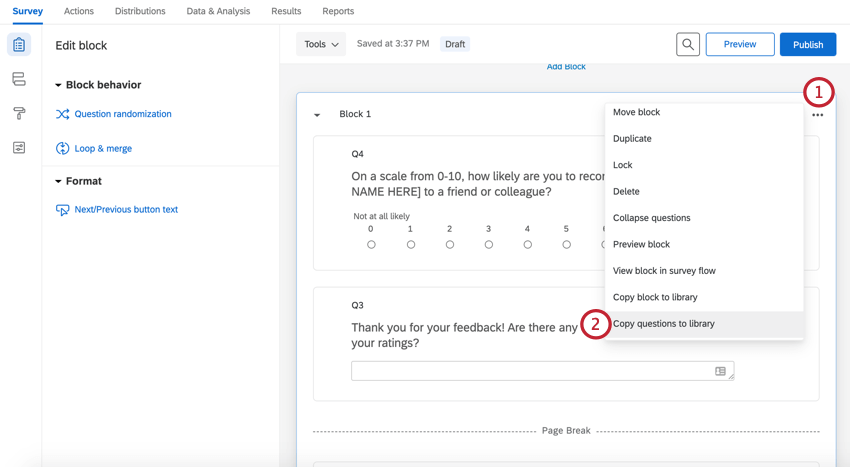 choosing the copy question to library option