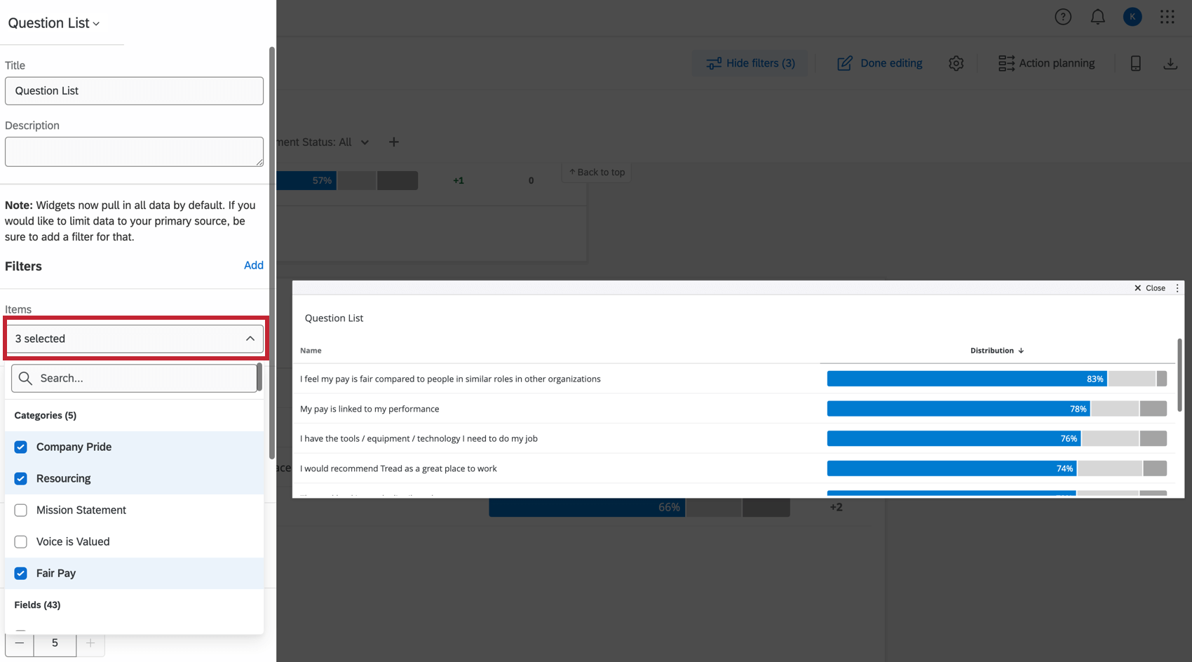 Gli elementi selezionati appaiono nel widget a sinistra