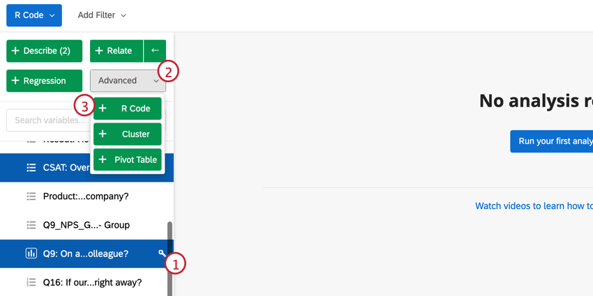 Adição de um cartão R Code no stats iQ