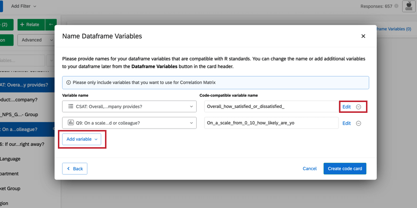 Add or remove variables from the list of optinos
