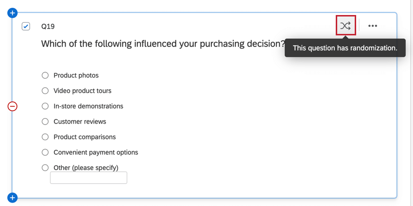 una domanda con il simbolo di due frecce che si incrociano, che indica la randomizzazione