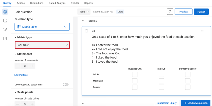 ランキングバリエーションのマトリックス表