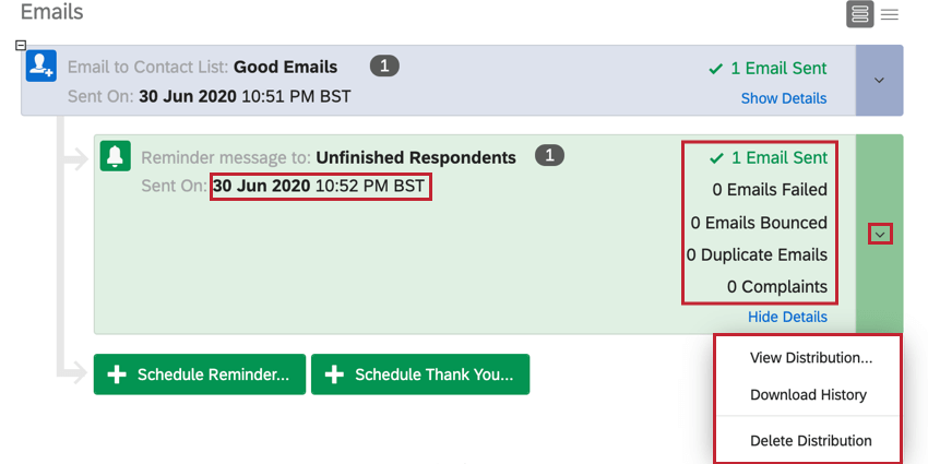 uma distribuição de e-mail de lembrete que foi expandida para ver as estatísticas e o histórico da distribuição