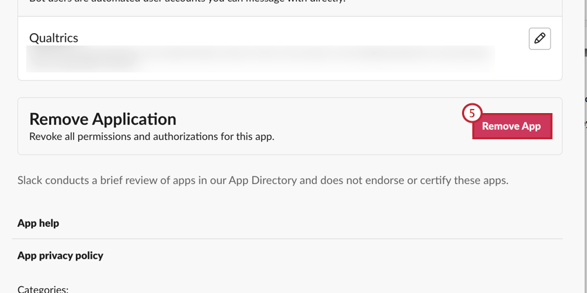 image of the Remove App button on the slack app management page
