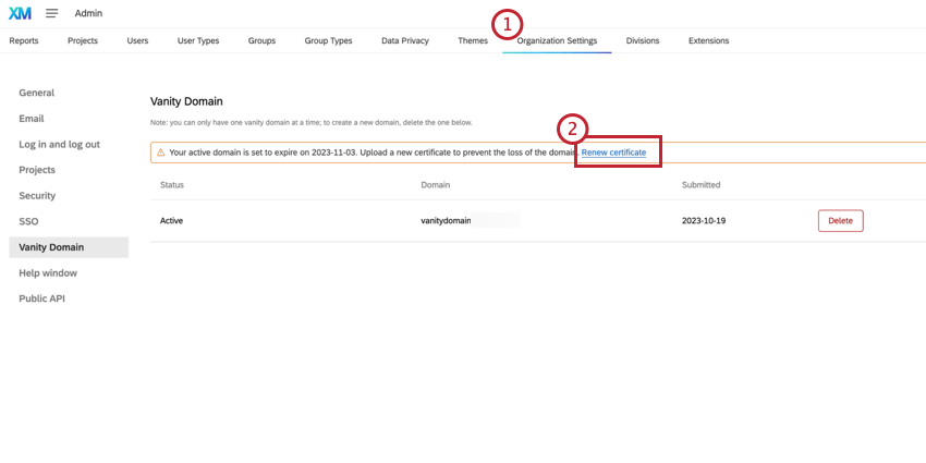 Rinnovo del banner del certificato nella sezione dominio di vanità delle impostazioni dellorganizzazione