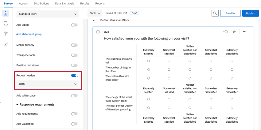 a matrix table with the both option enabled for repeat headers