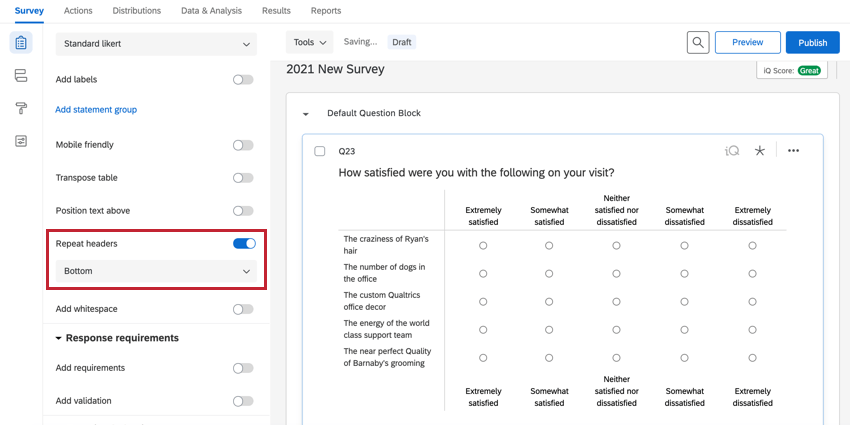 the repeat headers option set to bottom