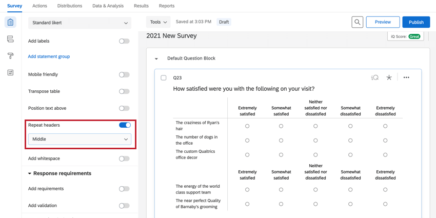 the repeat headers option set to middle