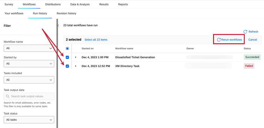 Select workflows to rerun them by clicking the button in the header