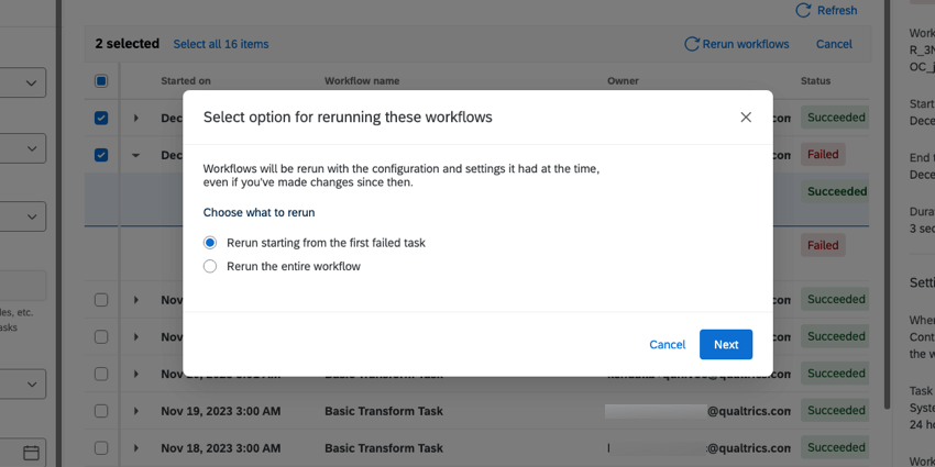 Erneute Ausführung des Customizing- und Bestätigungsmenüs für Workflows