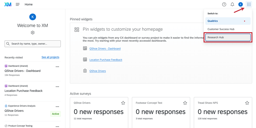 Menu de navigation globale avec le research hub mis en surbrillance