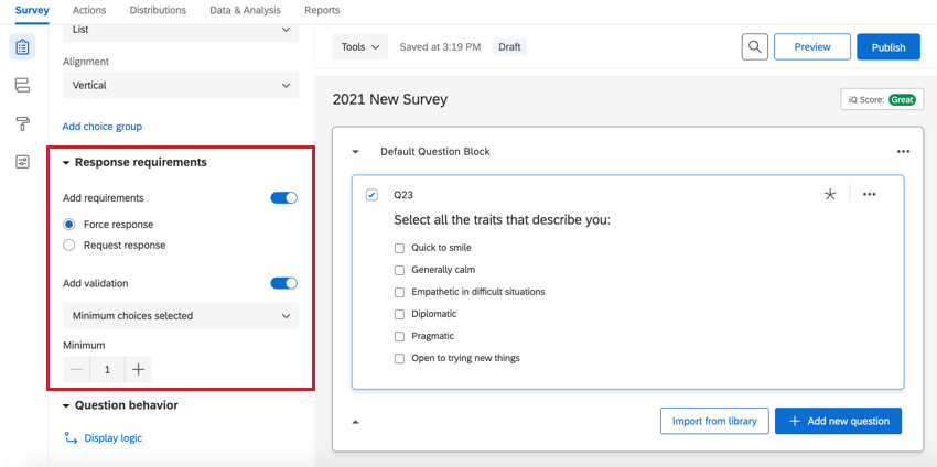the response requirements section of the survey builder
