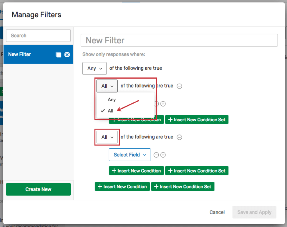 Qualquer um ou todos os seguintes itens do menu suspenso acima de cada conjunto filtro