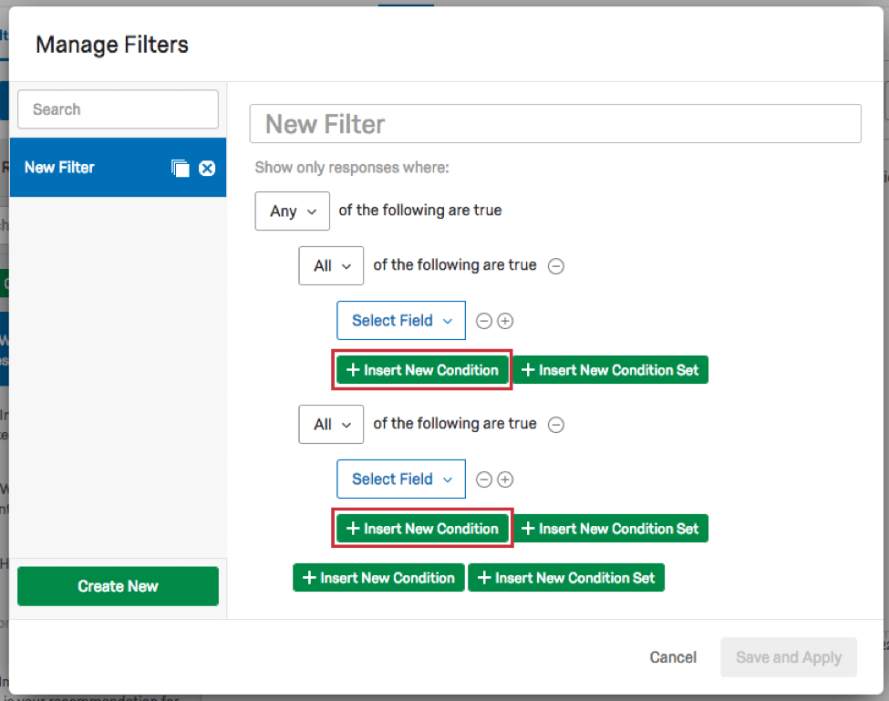 insert new condition button under each filter