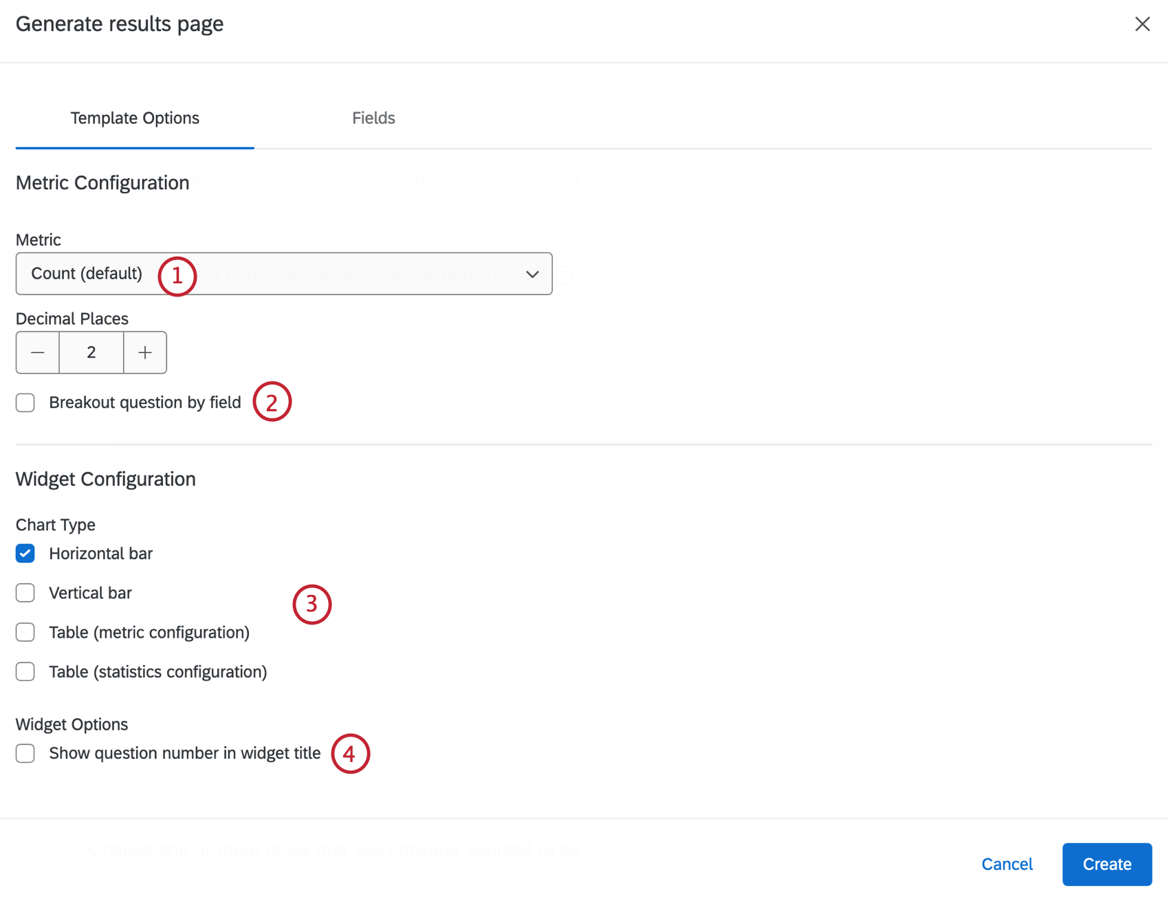 configuration des options du modèle lors de la création dune page de résultats