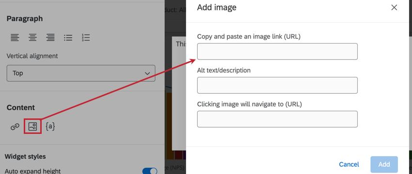 insert image button and options