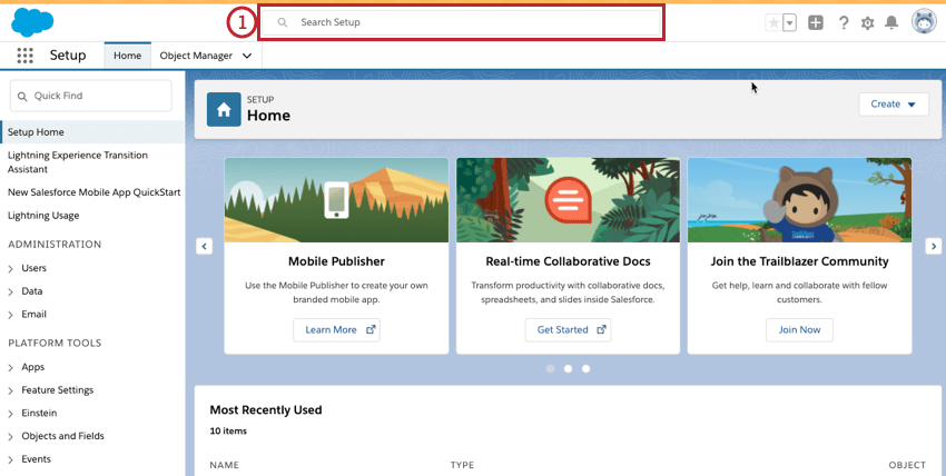 the salesforce homepage with the search bar highlighted