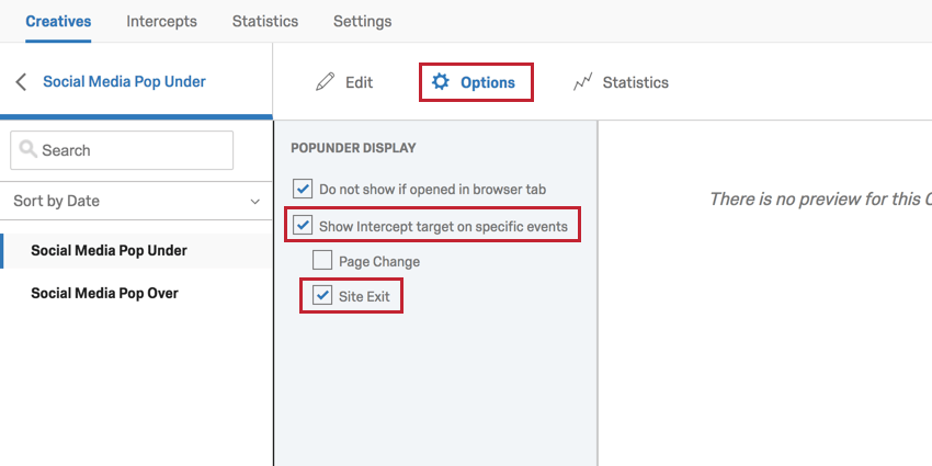 Image des options Sortie du site et Afficher la cible dinterception