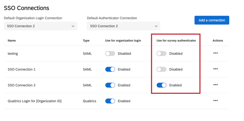 SSOタブのアンケートの認証機能の欄で、有効になっている接続が強調表示されているスクリーンショット