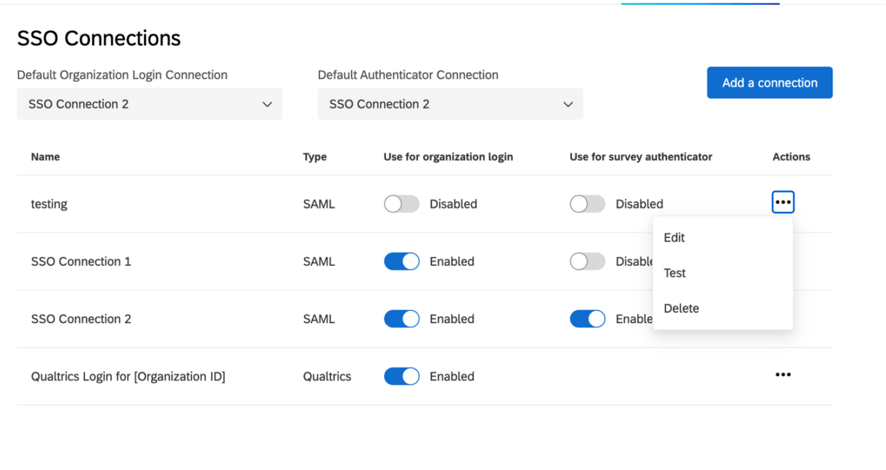 Para cada conexão listada, há um botão de alternância de status para ativar ou desativar, o nome, um botão para editar, um botão para testar e um botão para excluir