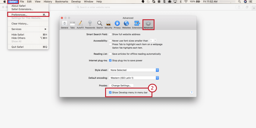 Immagine dellopzione Mostra il menu Sviluppo nella barra dei menu nel menu Preferenze di Safari