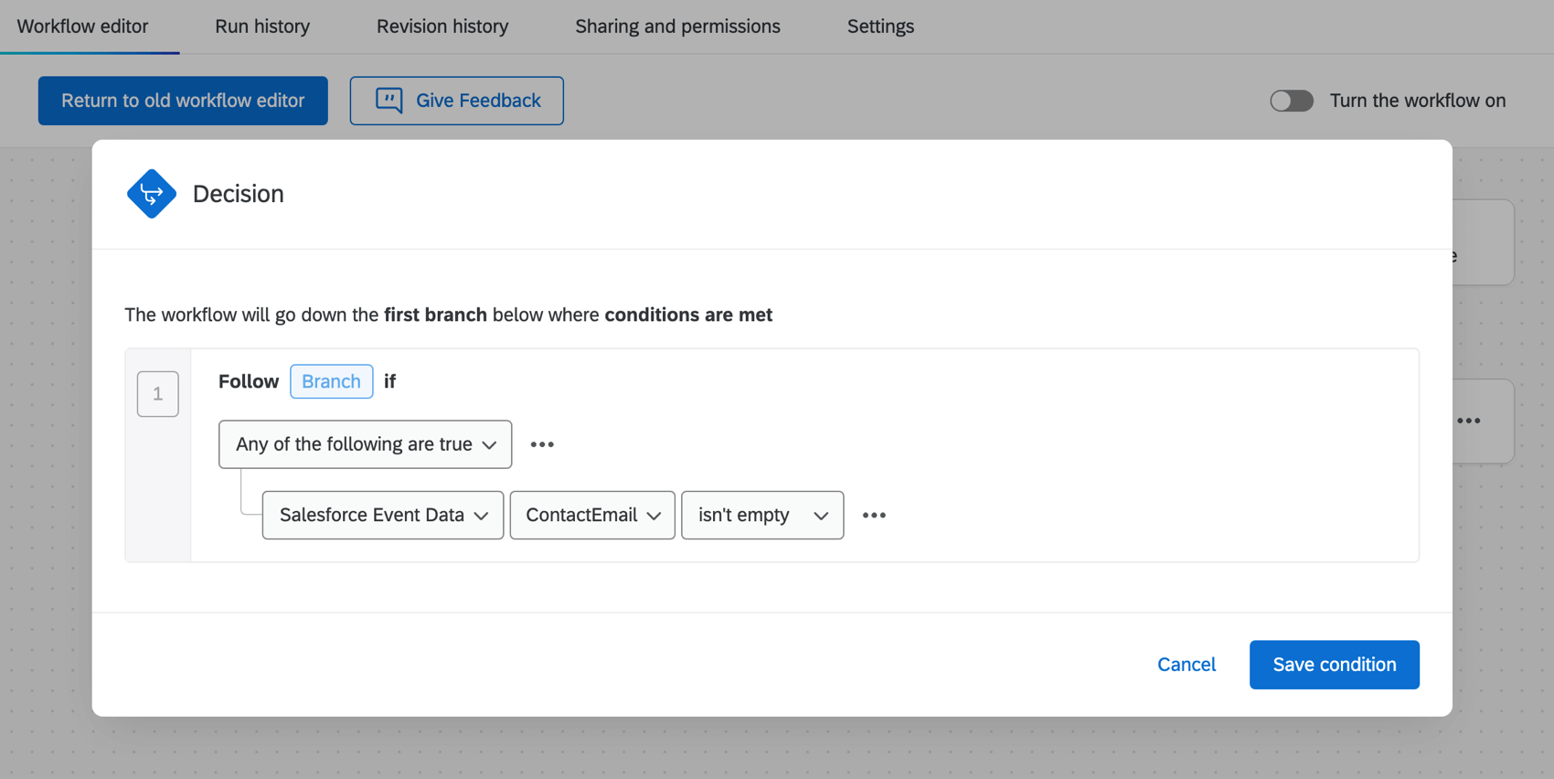 an example condition for the salesforce outbound message event