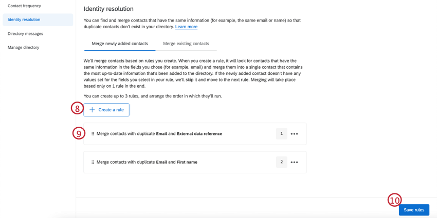 Image of "create a rule" button and multiple rules listed together