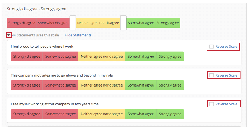 14 Statements use this scale clicked to expand a list of each, with Reverse Scale checkbox to right of each of the 14 scales