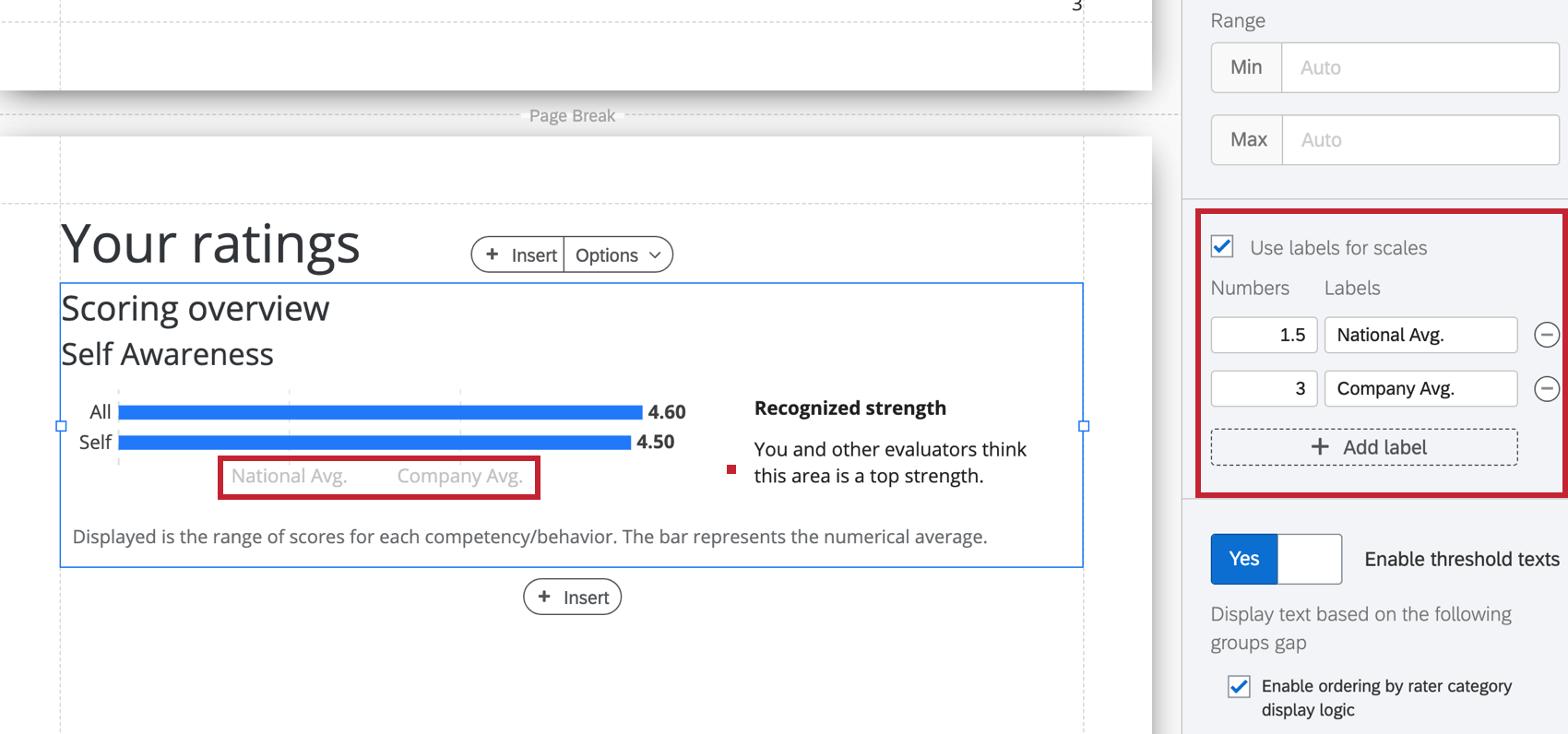 Resalta la configuración de Usar etiquetas para escalas en la descripción general de la puntuación