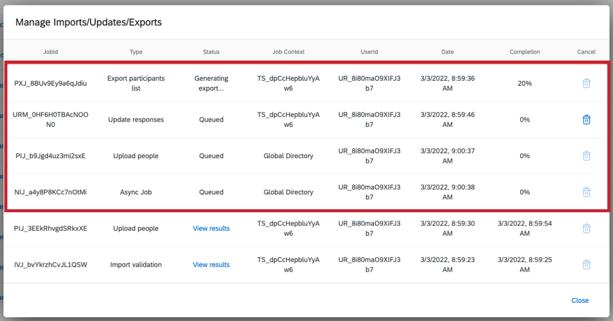 Queued jobs shown at the top of the Manage Imports/Updates/Exports modal
