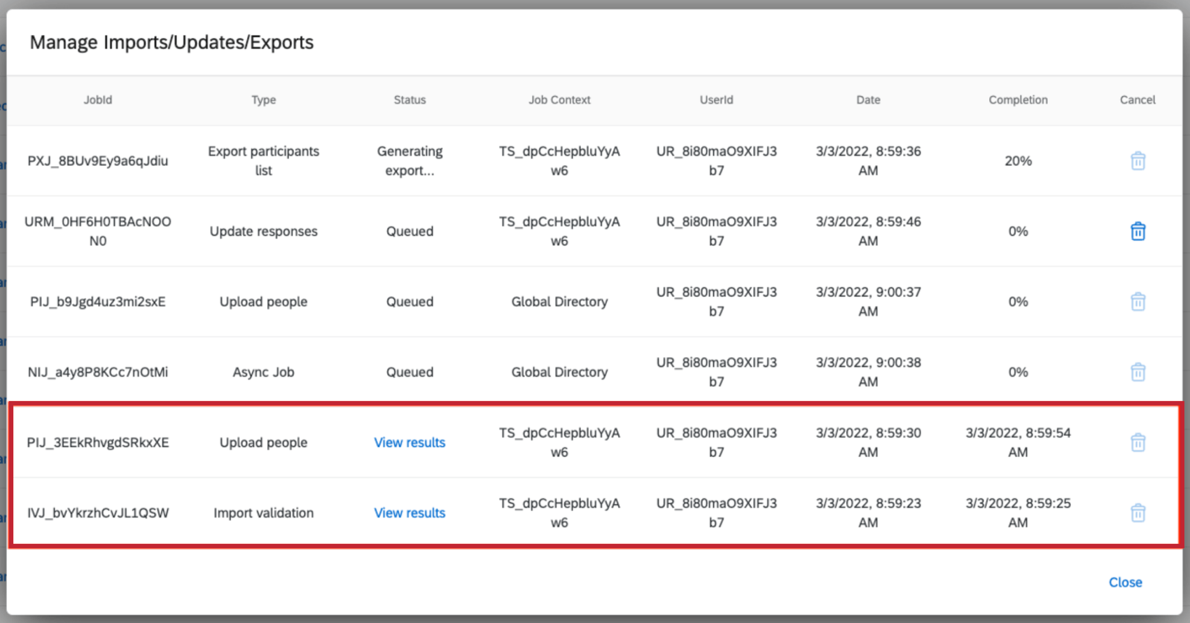 I lavori completati vengono visualizzati nella parte inferiore della maschera Manager Imports/Updates/Exports