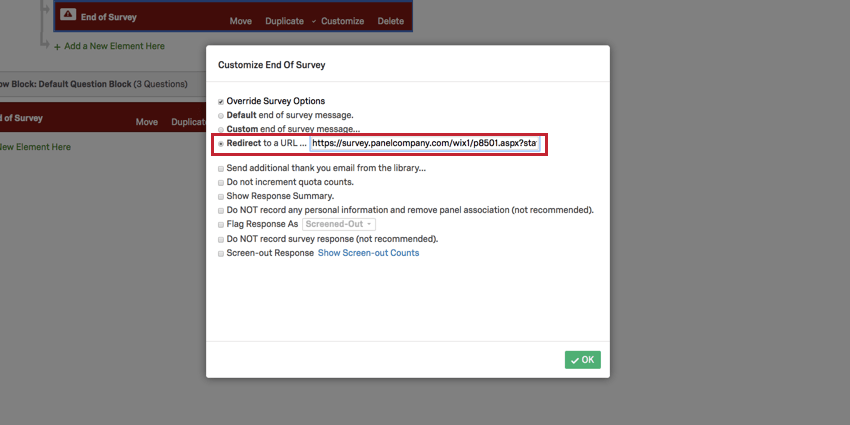 Bild des Screen-Out-Links im Feld „Redirect to url“