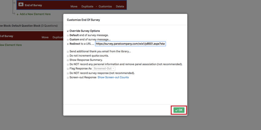 image showing the OK button highlighted in the customize end of survey screen