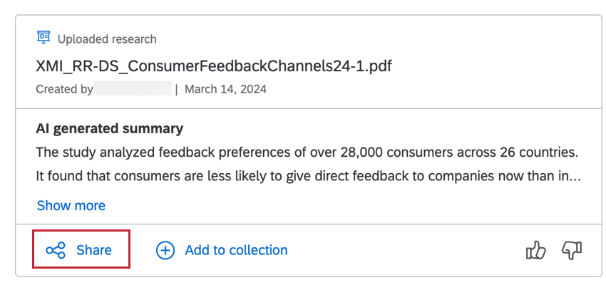 Share button in the bottom-left of a search result