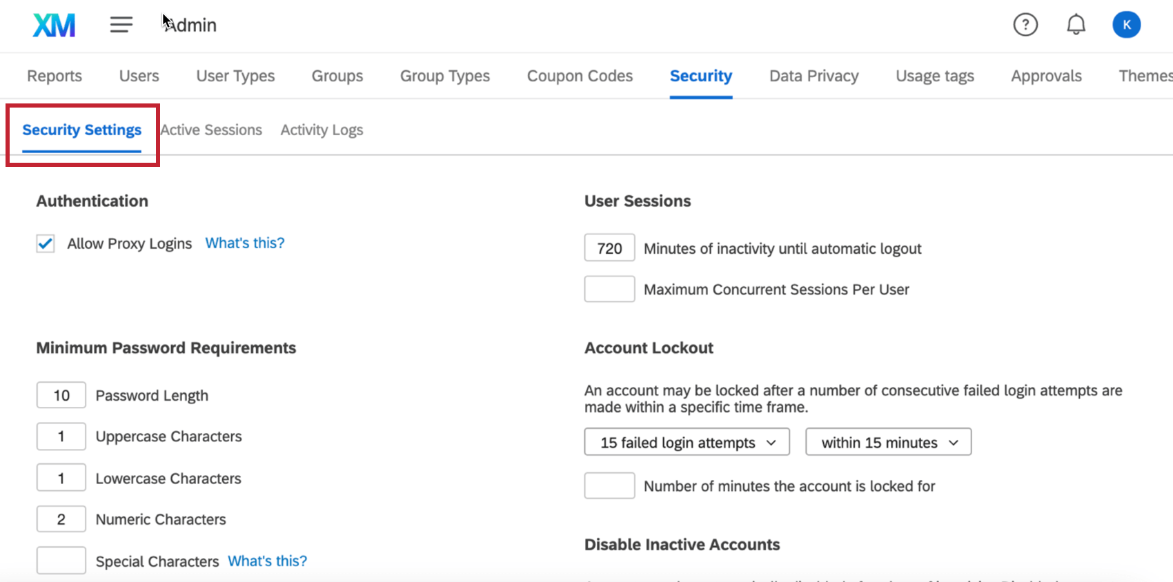 Botão Security Settings (Configurações de segurança) no canto superior esquerdo da guia Security (Segurança)