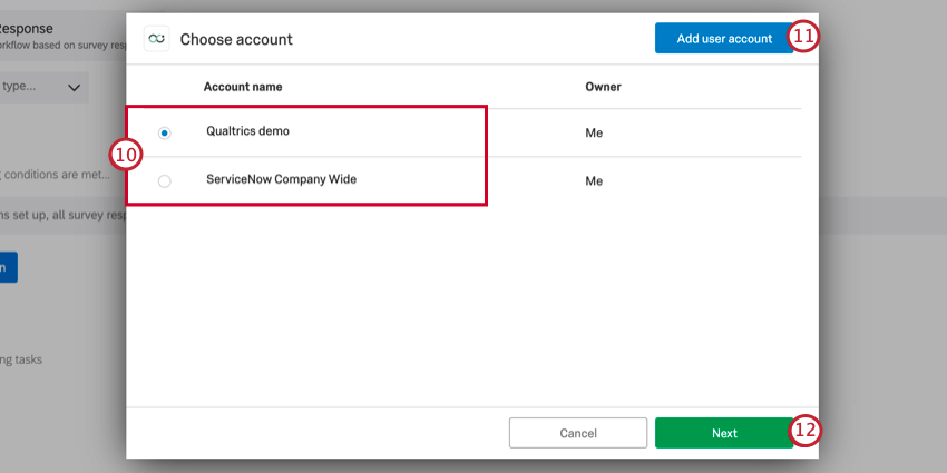 escolhendo uma conta servicenow