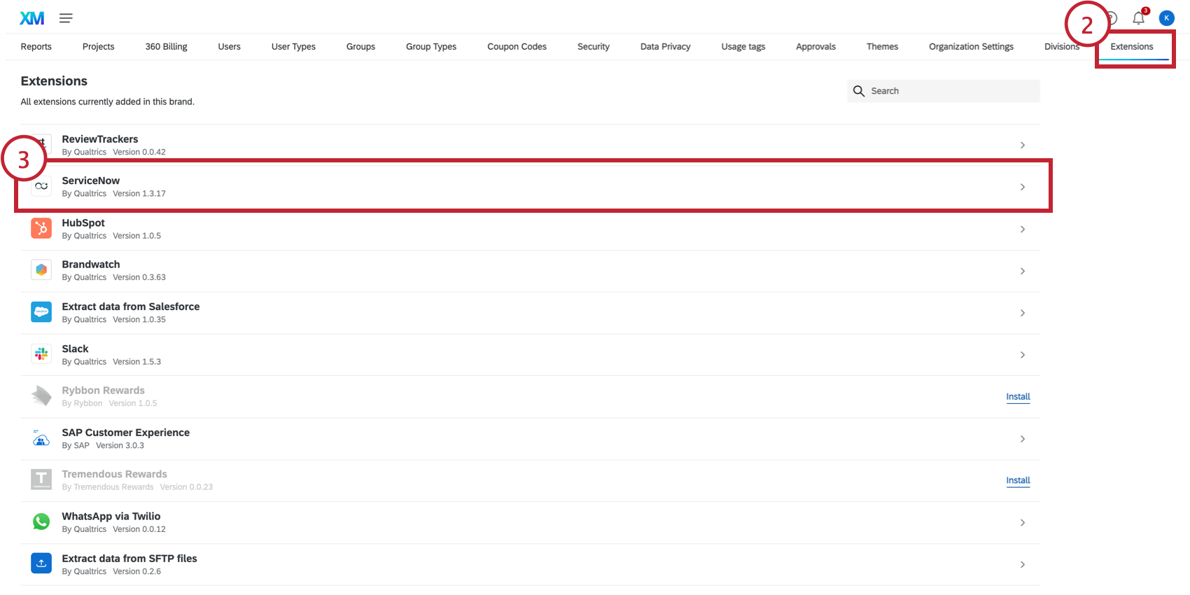 Mostra a extensão Servicenow na guia Admin