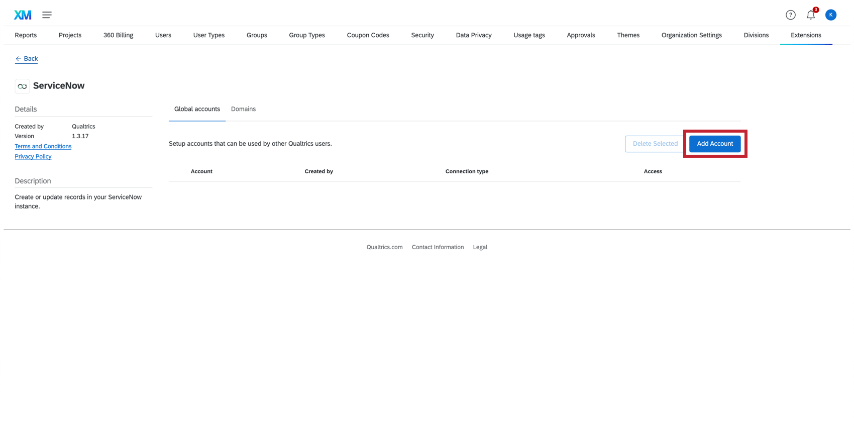 Mostra Aggiungi Account nella pagina dellestensione di Servicenow