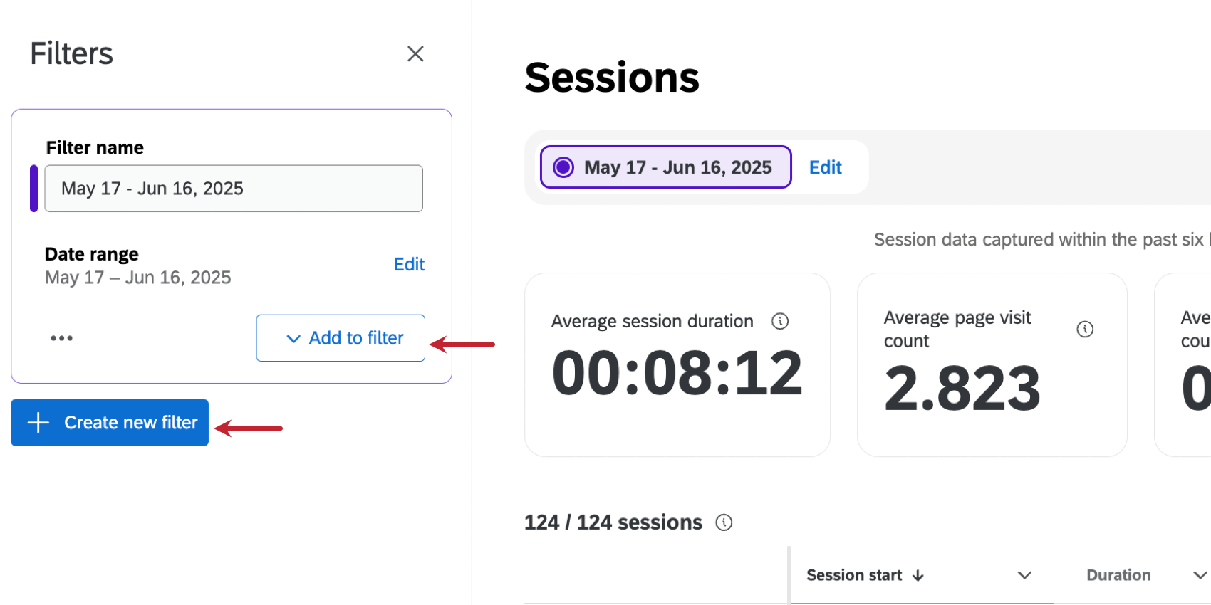 buttons to add criteria to a filter or to create a new filter