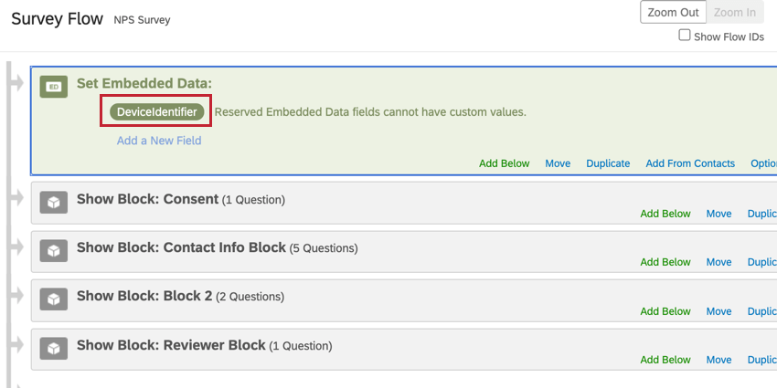 the survey flow of a survey. an embedded data field for deviceIdentifier is present