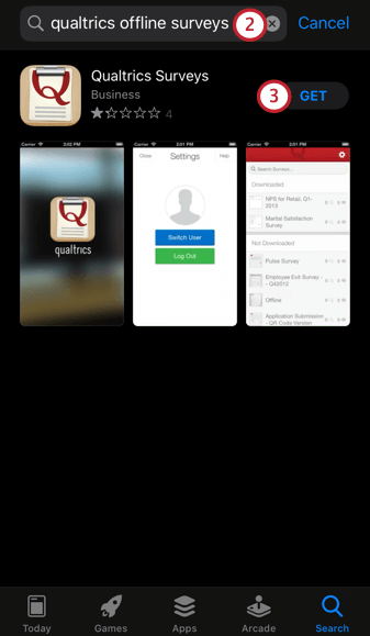procurando o aplicativo de pesquisas off-line da qualtrics na loja de aplicativos