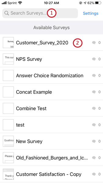 selecting a survey to download from the list of available surveys