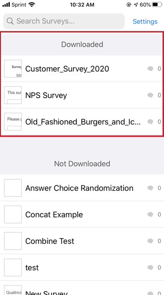 downloaded surveys appear at the top of the survey list