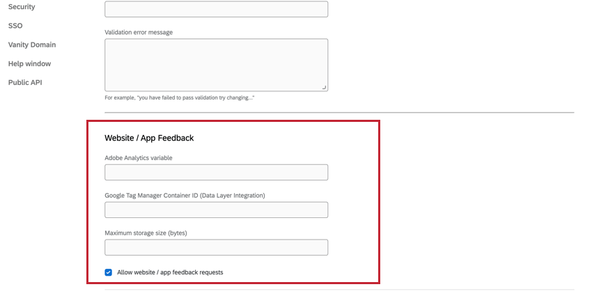 Opzioni Feedback website / app nella scheda Progetti