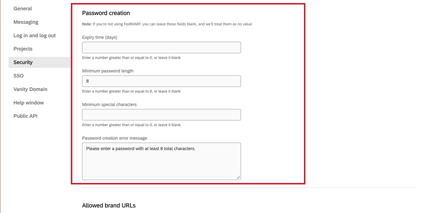 Sezione di creazione della password nella scheda Sicurezza con le possibili specifiche