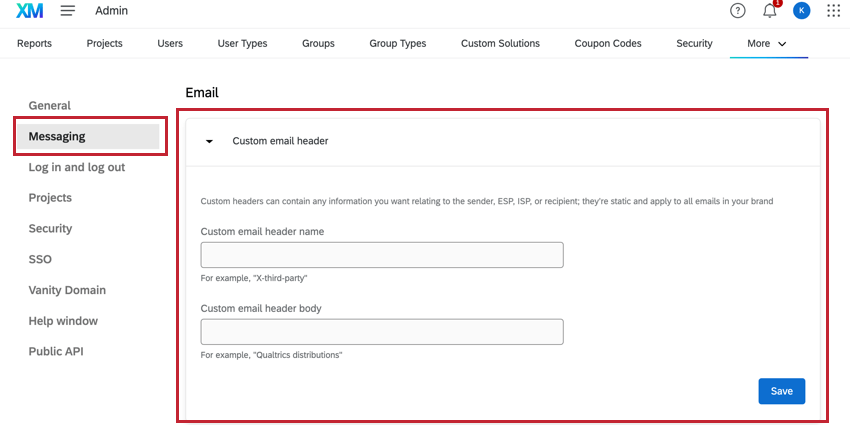 Configurações de cabeçalho de e-mail personalizado na guia E-mail